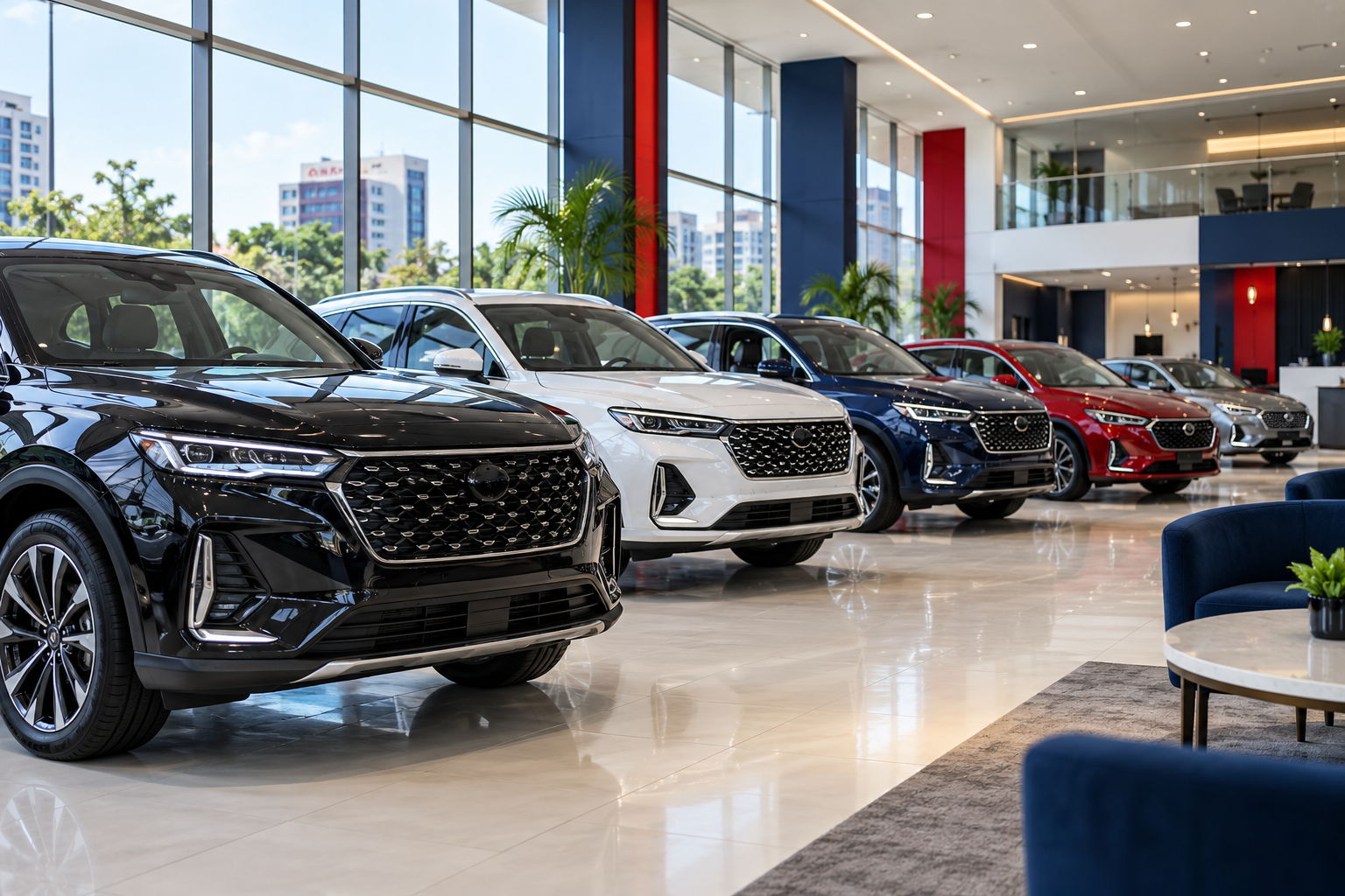 Vehicles displayed in a modern automotive dealership showroom