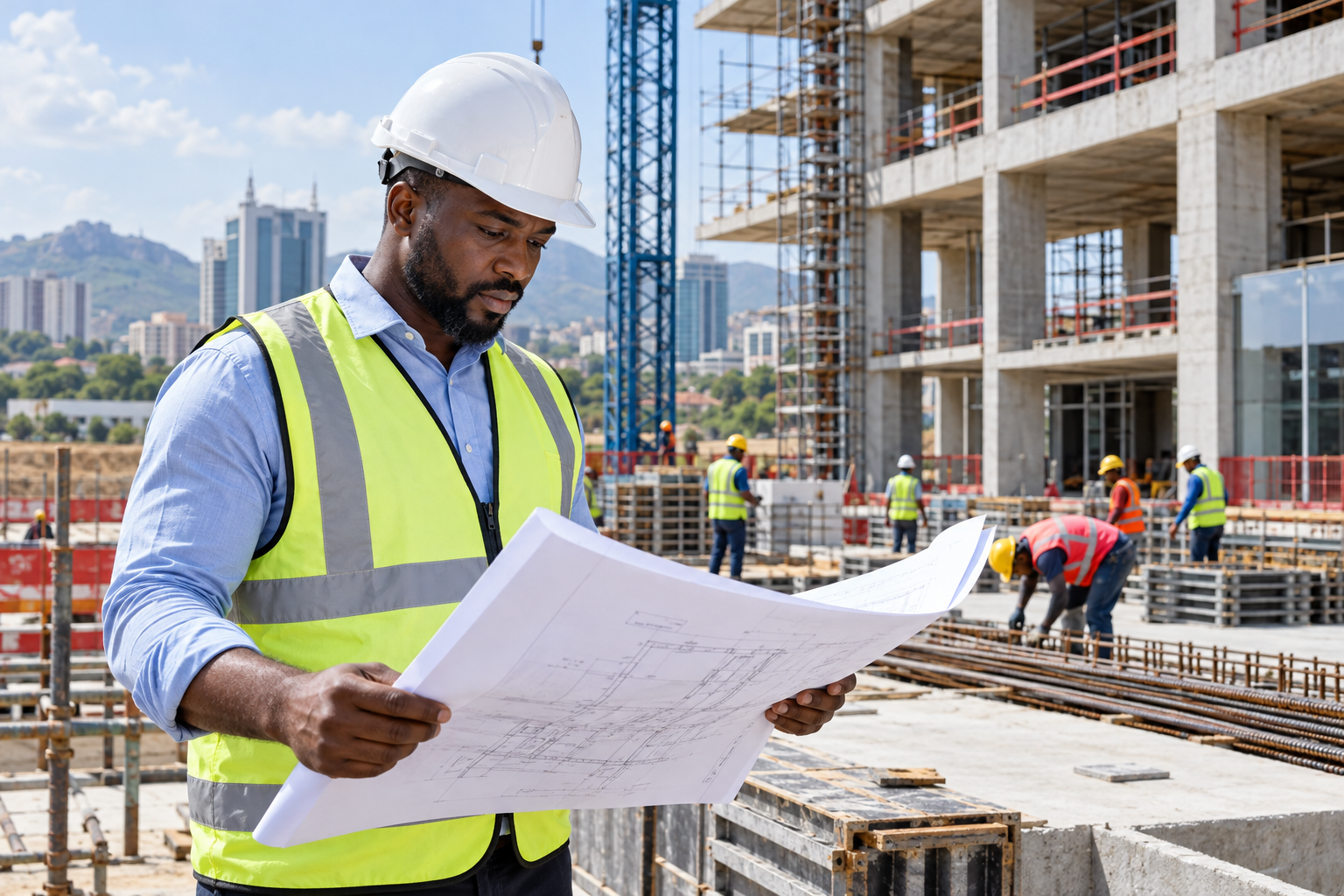 Construction supervisor reviewing plans at a building site